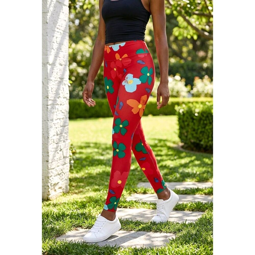 🔺️Lularoe Red Multicolor Floral Print Leggings One Size